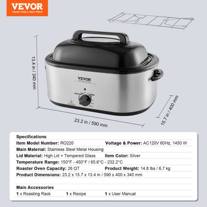 Electric Roaster Oven, 26 QT Turkey Roaster Oven with Self-Basting Lid, 1450W Roaster Oven with Defrost & Warm Function, Adjustable Temperature, Removable Pan & Rack, Fits Turkeys Up to 30LBS