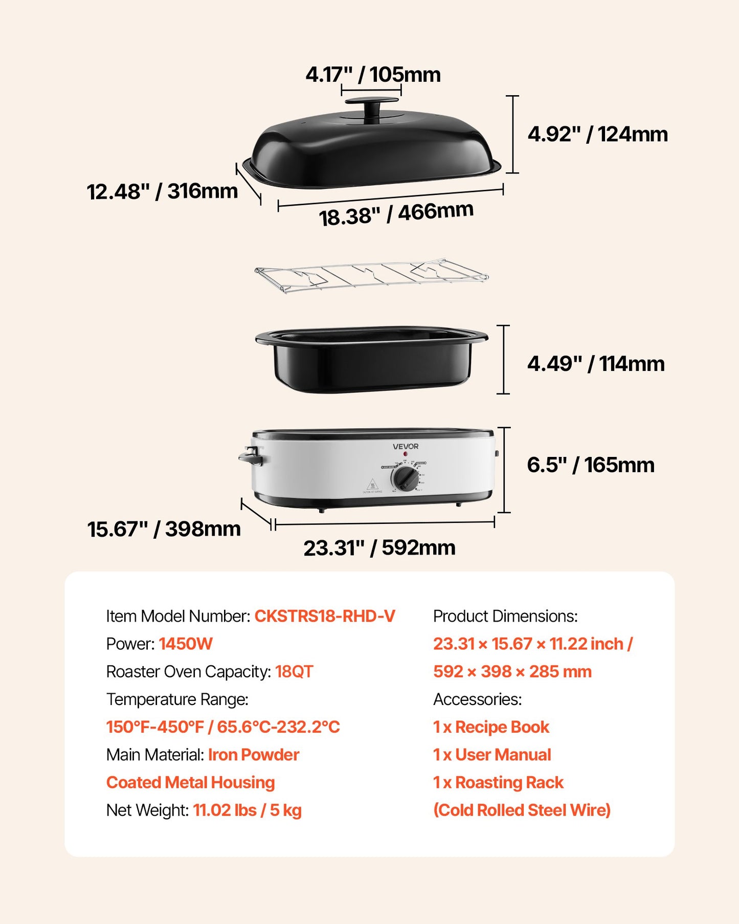 Roaster Oven, 18QT Electric Roaster Oven, 150-450℉ Adjustable Temperature Electric Roasting Pan, Multifunctional Electric Roasters Oven with Self-Basting Lid, Removable Pan and Rack for Holiday