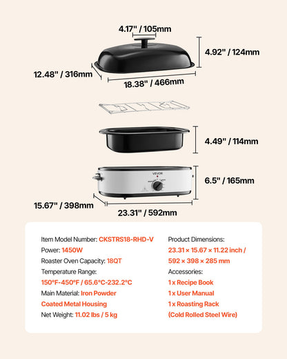 Roaster Oven, 18QT Electric Roaster Oven, 150-450℉ Adjustable Temperature Electric Roasting Pan, Multifunctional Electric Roasters Oven with Self-Basting Lid, Removable Pan and Rack for Holiday