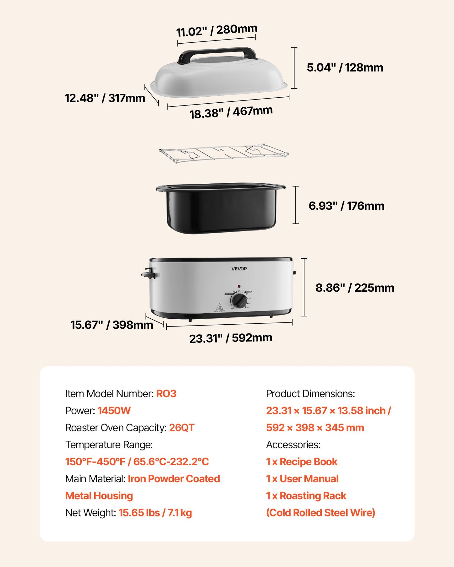 Roaster Oven, 26QT Electric Roasting Pan, 150-450℉ Adjustable Temperature Fast-Cooking Turkey Roaster with Cool-Touch Handle, Visible Self-Basting Lid, Defrost & Warm Function, Fits 30lb Turkey