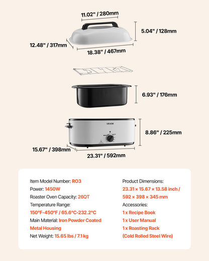 Roaster Oven, 26QT Electric Roasting Pan, 150-450℉ Adjustable Temperature Fast-Cooking Turkey Roaster with Cool-Touch Handle, Visible Self-Basting Lid, Defrost & Warm Function, Fits 30lb Turkey