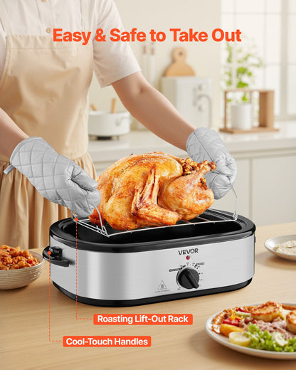 Roaster Oven, 14QT Fast-Cooking Turkey Roaster, 150-450℉ Adjustable Temperature Electric Roasting Pan with Self-Basting Lid, Roasting Lift-Out Rack, Defrost & Warm Function, Fits 18lb Turkey