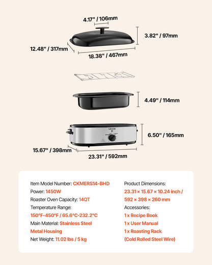 Roaster Oven, 14QT Fast-Cooking Turkey Roaster, 150-450℉ Adjustable Temperature Electric Roasting Pan with Self-Basting Lid, Roasting Lift-Out Rack, Defrost & Warm Function, Fits 18lb Turkey