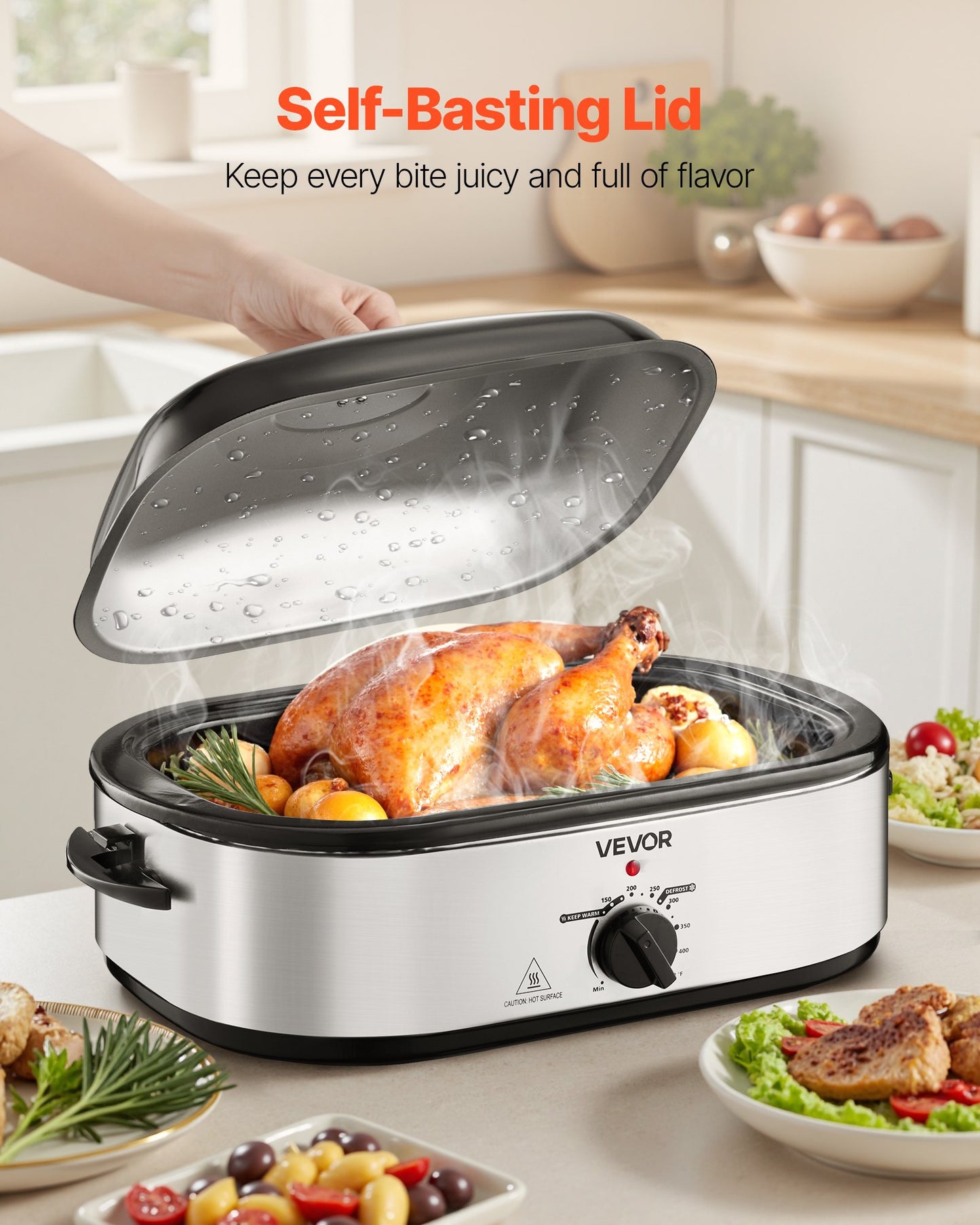 Roaster Oven, 18QT Electric Roaster Oven, 150-450℉ Adjustable Temperature Electric Roasting Pan with Self-Basting Lid, Cool-Touch Handle, Defrost & Warm Function, Stainless Steel Turkey Ovens