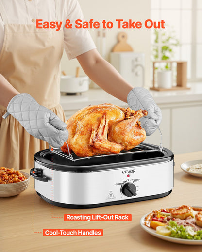 Roaster Oven, 18QT Electric Roaster Oven, 150-450℉ Adjustable Temperature Electric Roasting Pan with Self-Basting Lid, Cool-Touch Handle, Defrost & Warm Function, Stainless Steel Turkey Ovens