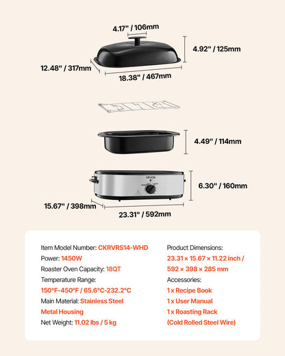 Roaster Oven, 18QT Electric Roaster Oven, 150-450℉ Adjustable Temperature Electric Roasting Pan with Self-Basting Lid, Cool-Touch Handle, Defrost & Warm Function, Stainless Steel Turkey Ovens