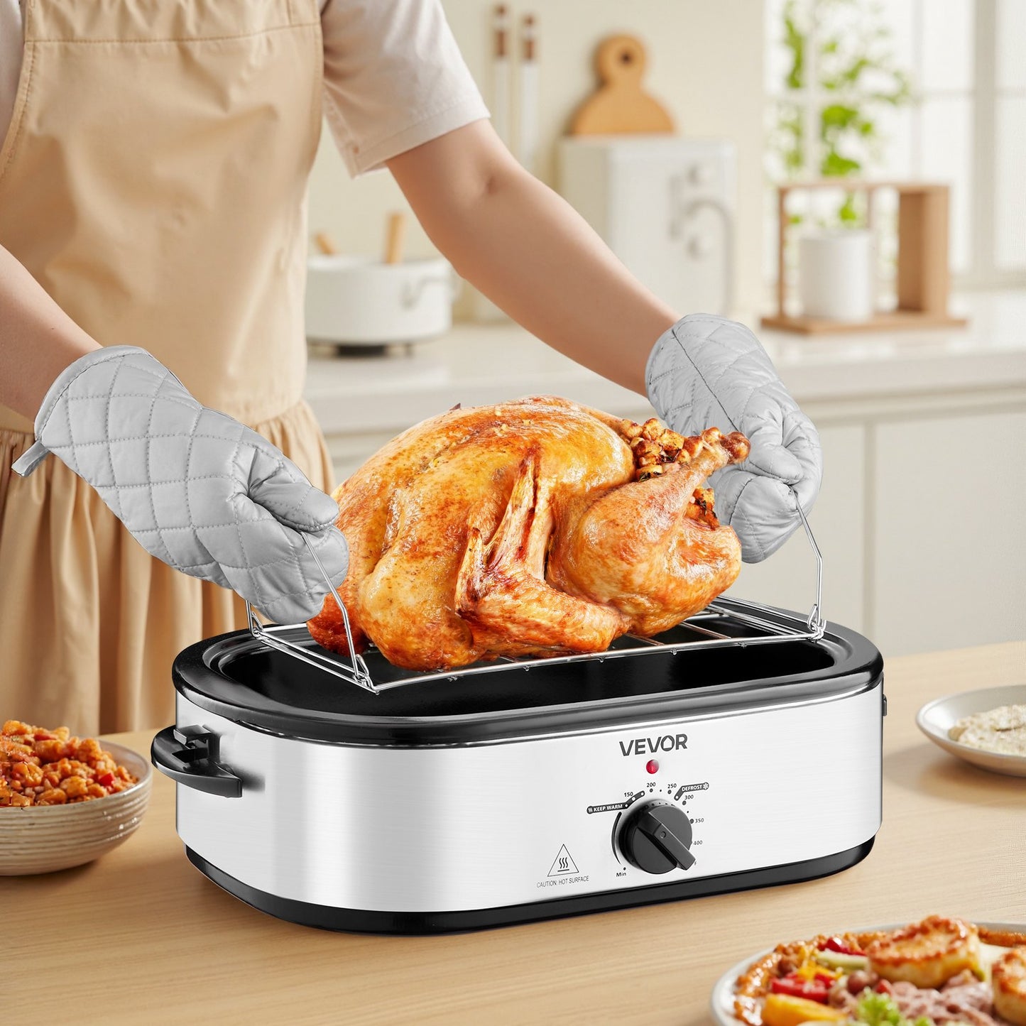 Roaster Oven, 18QT Electric Roaster Oven, 150-450℉ Adjustable Temperature Electric Roasting Pan with Self-Basting Lid, Cool-Touch Handle, Defrost & Warm Function, Stainless Steel Turkey Ovens