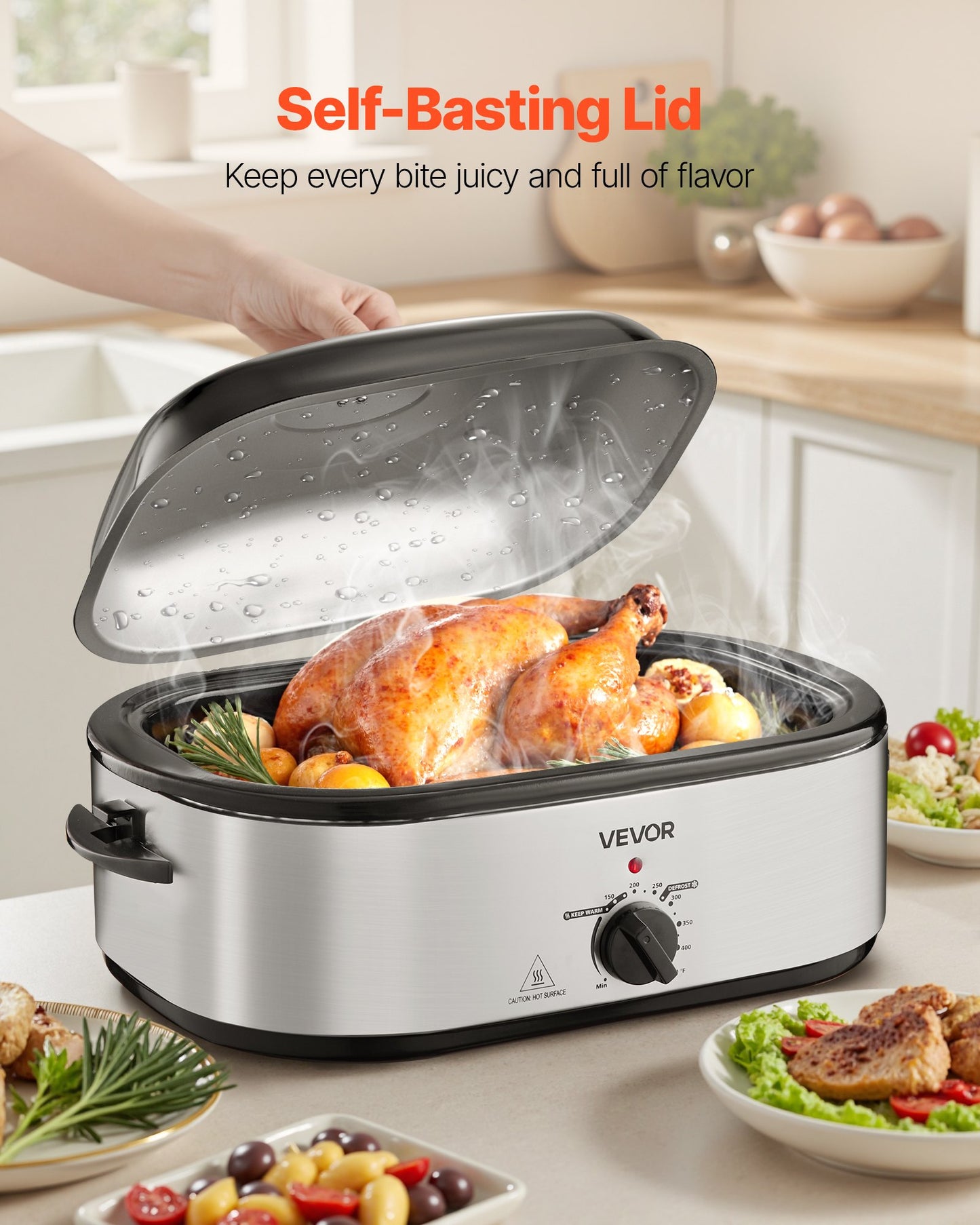 Roaster Oven, 20QT Electric Roasting Pan, 150-450℉ Adjustable Temperature Fast-Cooking Turkey Roaster, Turkey Oven with Self-Basting Lid, Defrost & Warm Function for Home, Fits 24lb Turkey