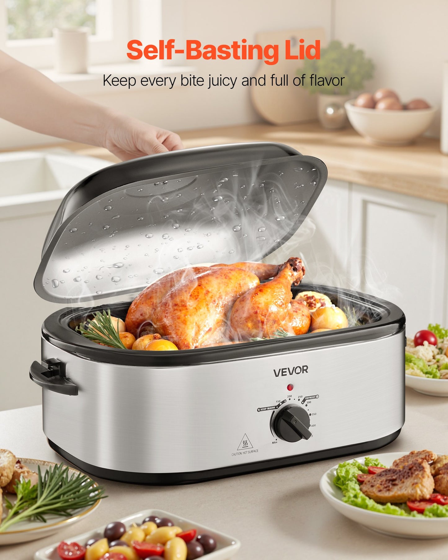 Roaster Oven, 22QT Electric Roasting Pan, 150-450℉ Adjustable Temperature Multifunctional Electric Roaster Oven with Self-Basting Lid, Defrost & Warm Function for Holiday Meal, Fits 26lb Turkey