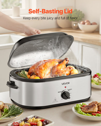 Roaster Oven, 22QT Electric Roasting Pan, 150-450℉ Adjustable Temperature Multifunctional Electric Roaster Oven with Self-Basting Lid, Defrost & Warm Function for Holiday Meal, Fits 26lb Turkey