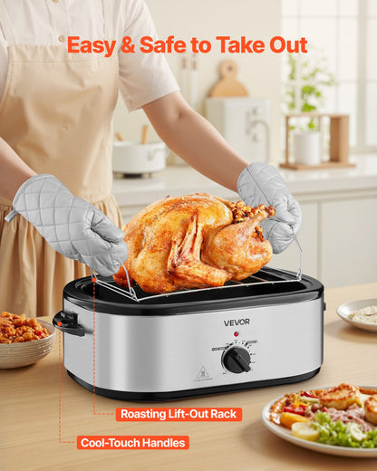 Roaster Oven, 22QT Electric Roasting Pan, 150-450℉ Adjustable Temperature Multifunctional Electric Roaster Oven with Self-Basting Lid, Defrost & Warm Function for Holiday Meal, Fits 26lb Turkey