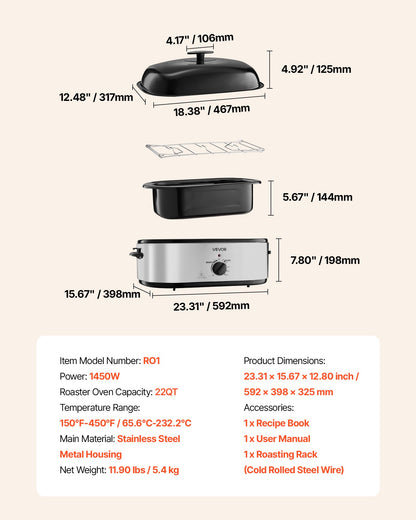 Roaster Oven, 22QT Electric Roasting Pan, 150-450℉ Adjustable Temperature Multifunctional Electric Roaster Oven with Self-Basting Lid, Defrost & Warm Function for Holiday Meal, Fits 26lb Turkey