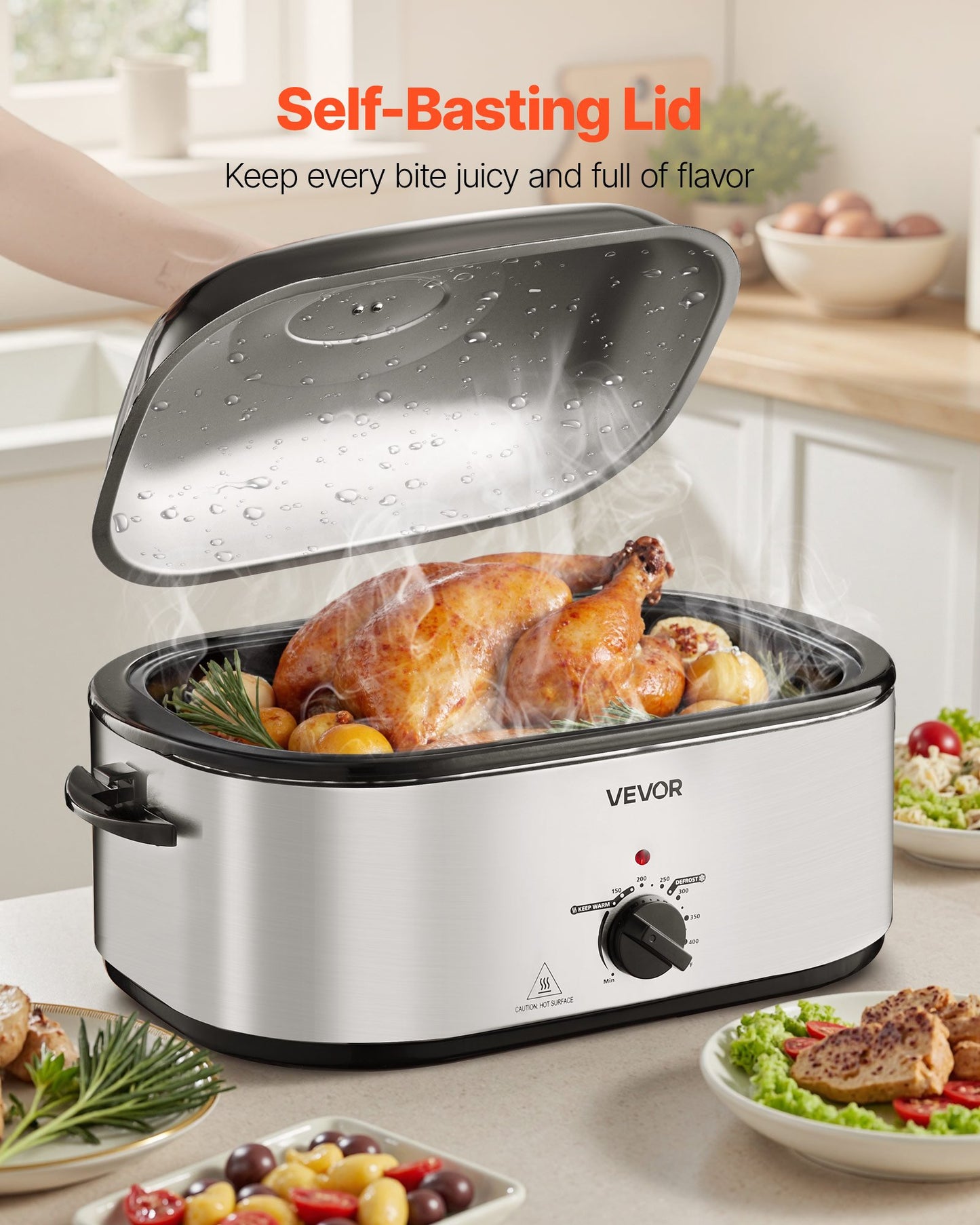 Roaster Oven, 24QT Electric Turkey Roaster Oven, 150-450℉ Adjustable Temperature Electric Roasting Pan with 3 Bin Buffet Server, Self-Basting Lid, Defrost & Warm Function, Self-Basting Lid