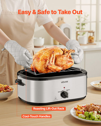 Roaster Oven, 24QT Electric Turkey Roaster Oven, 150-450℉ Adjustable Temperature Electric Roasting Pan with 3 Bin Buffet Server, Self-Basting Lid, Defrost & Warm Function, Self-Basting Lid