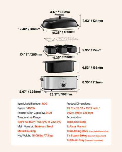 Roaster Oven, 24QT Electric Turkey Roaster Oven, 150-450℉ Adjustable Temperature Electric Roasting Pan with 3 Bin Buffet Server, Self-Basting Lid, Defrost & Warm Function, Self-Basting Lid