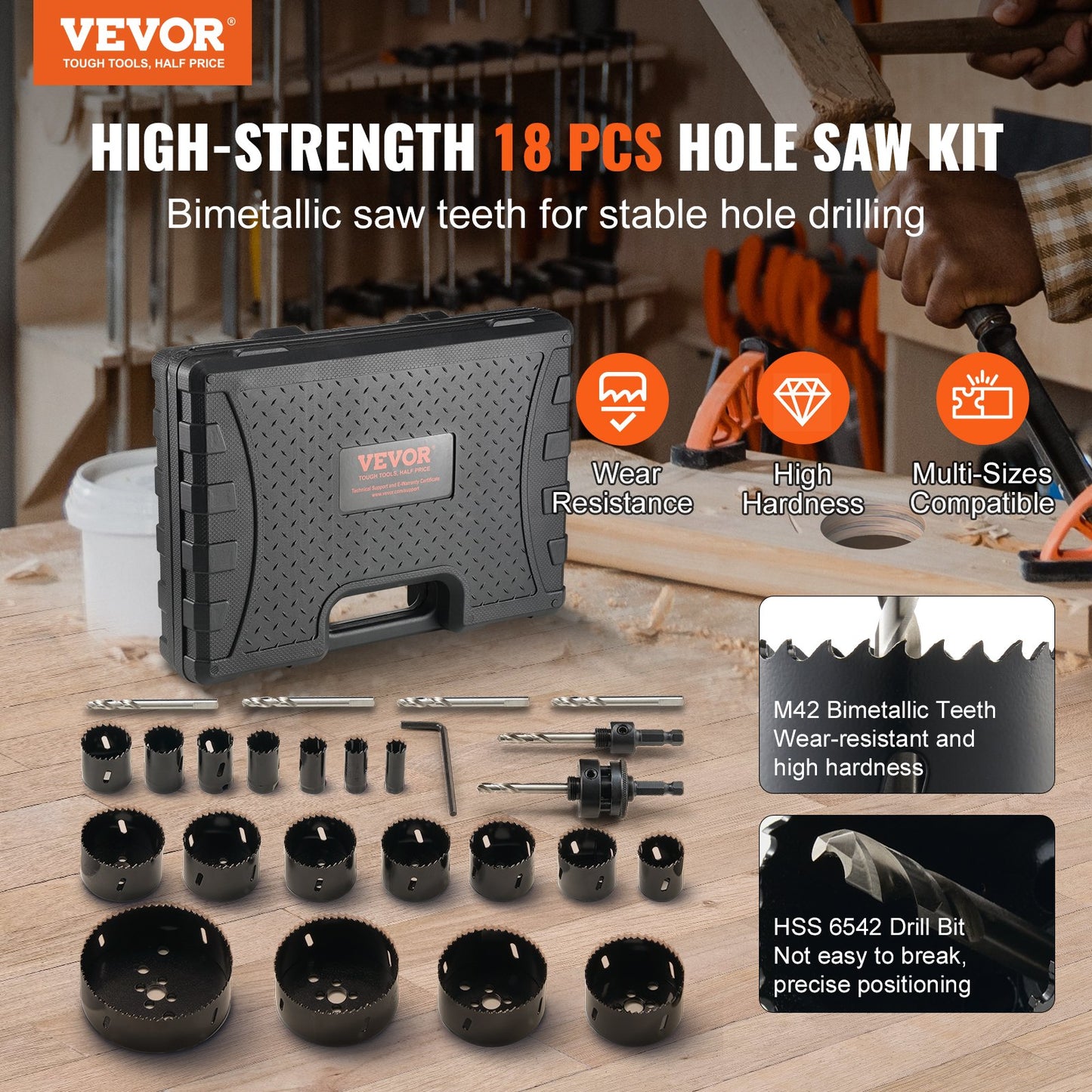 Hole saw set, 18 pcs saw blades, 6 drill bits, 1 hex wrench, bimetal M42 hole saw set with carrying case, general purpose size from 3/4" to 4-1/2", ideal for wood board, iron and plastic sheet