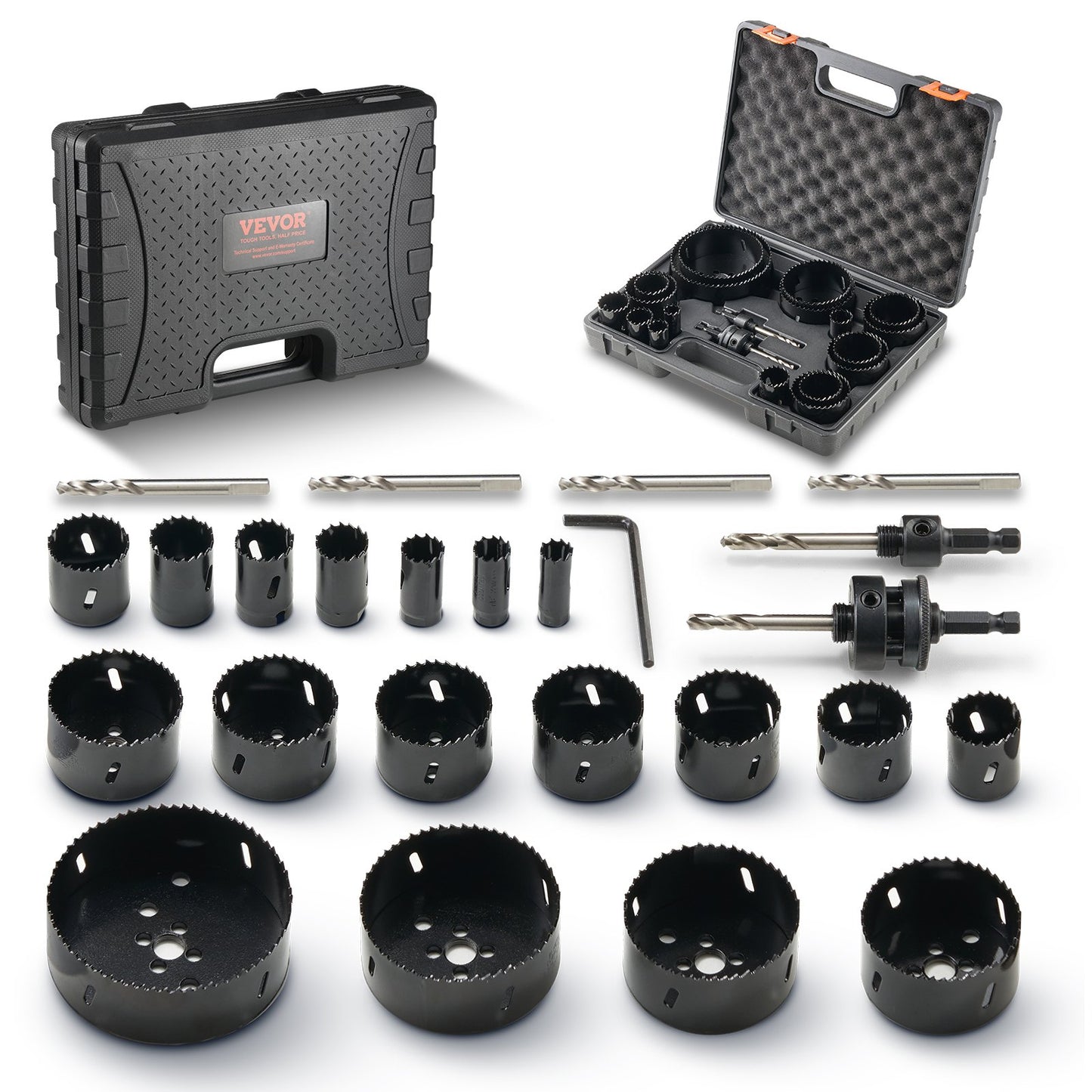 Hole saw set, 18 pcs saw blades, 6 drill bits, 1 hex wrench, bimetal M42 hole saw set with carrying case, general purpose size from 3/4" to 4-1/2", ideal for wood board, iron and plastic sheet