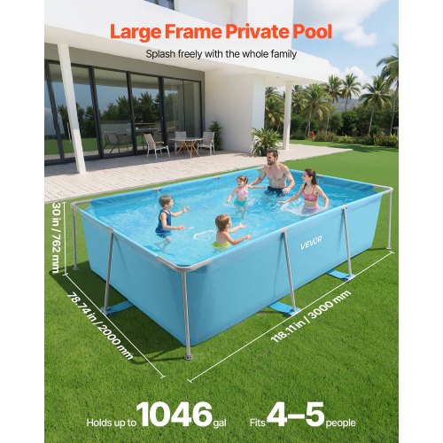 above ground pool with steel frame 118 x 78 x 30 in rectangular blue | EU