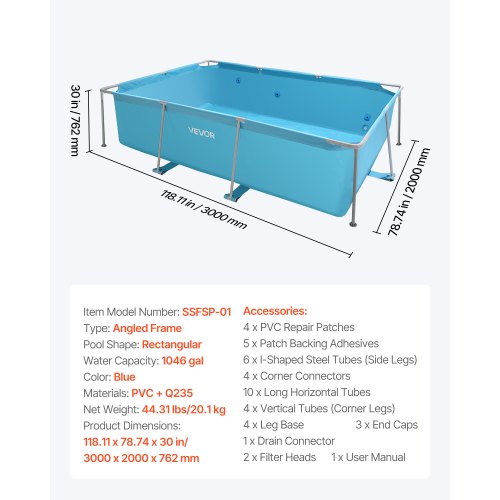 above ground pool with steel frame 118 x 78 x 30 in rectangular blue | EU