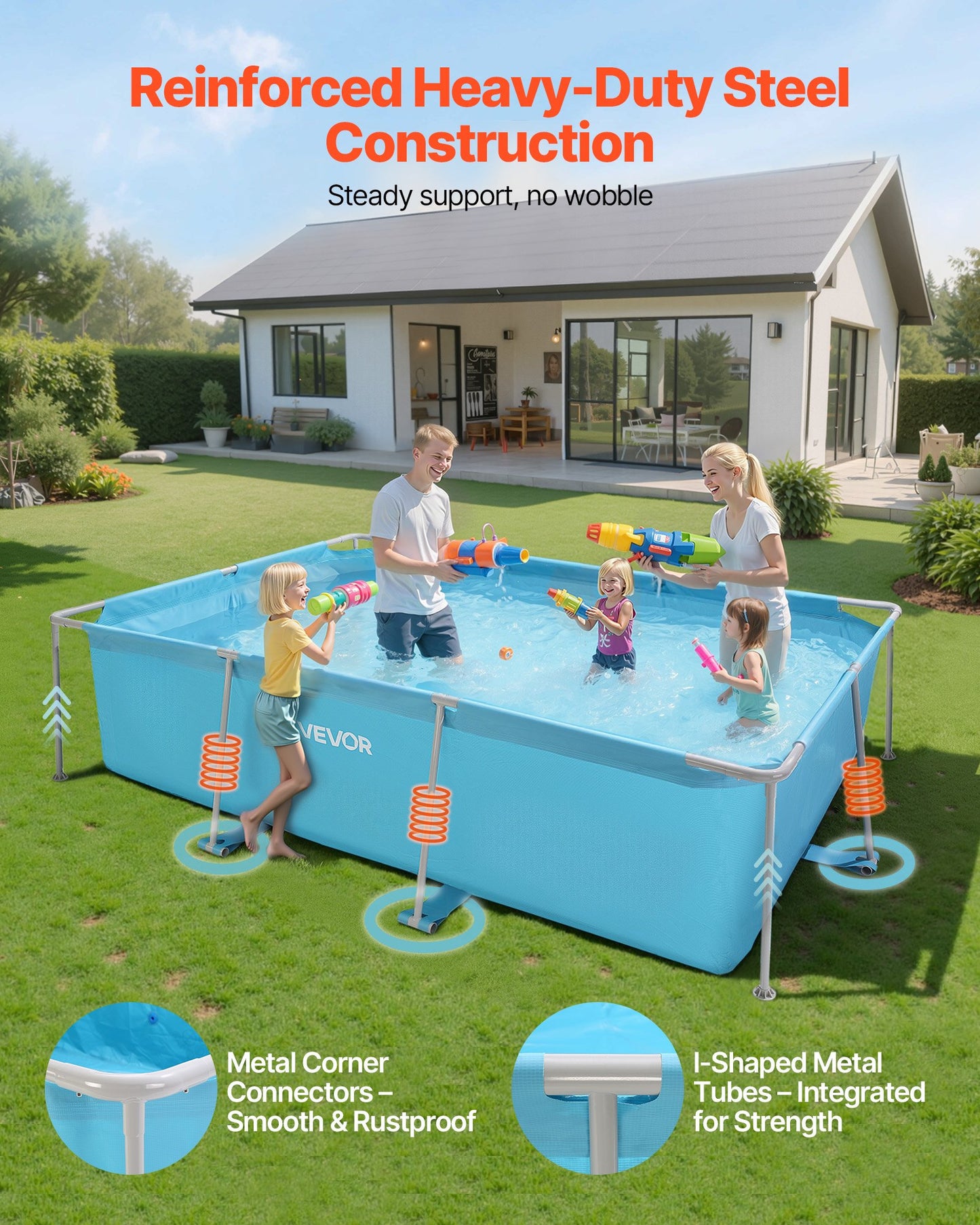 Frame Above Ground Swimming Pool, 118 x 78 x 30 in Rectangular Steel Metal Frame, Large Rectangle Outdoor Backyard Family Pool, Easy to Assemble Rust-Resistant, 1046 Gallon Water Capacity, Blue