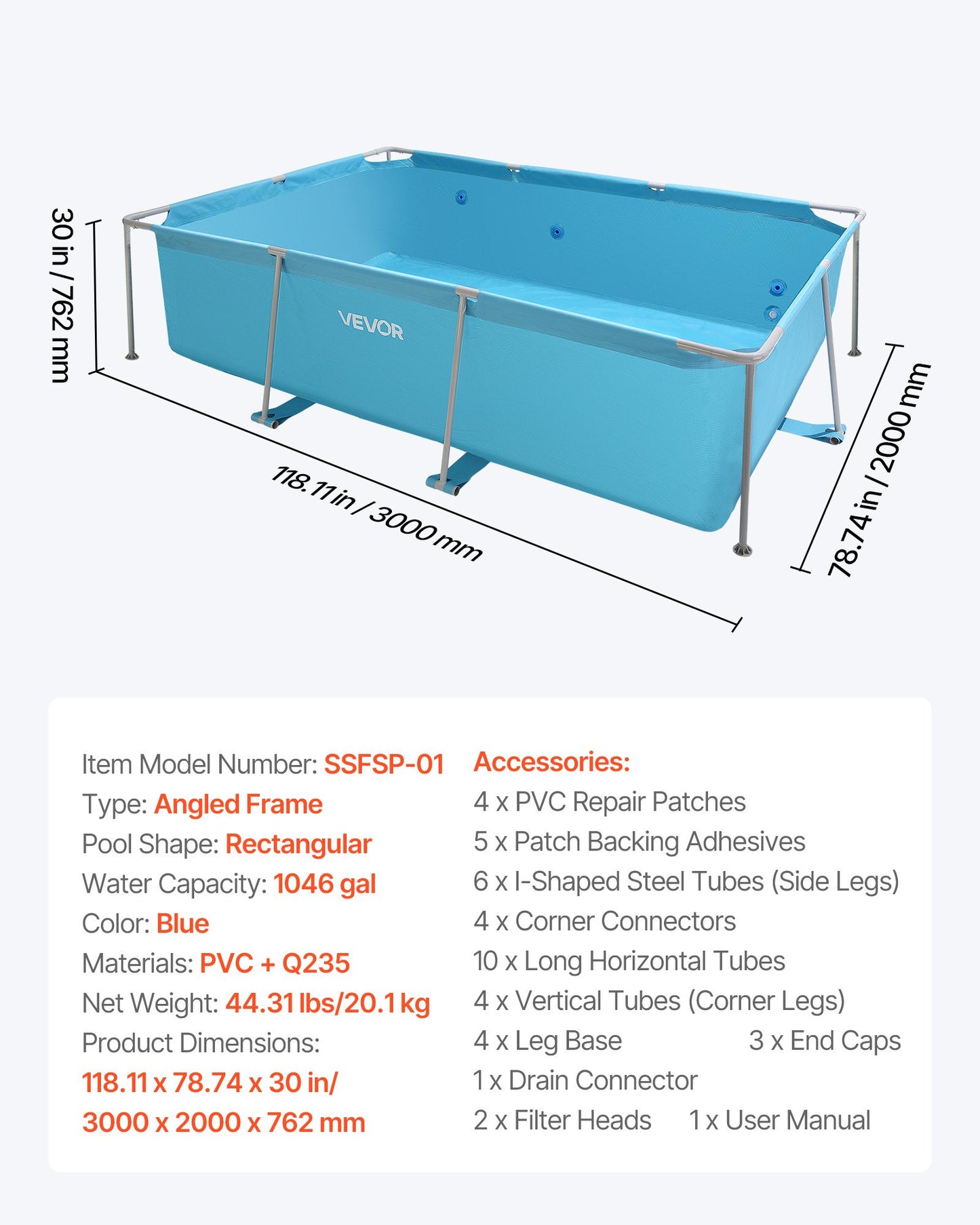 Frame Above Ground Swimming Pool, 118 x 78 x 30 in Rectangular Steel Metal Frame, Large Rectangle Outdoor Backyard Family Pool, Easy to Assemble Rust-Resistant, 1046 Gallon Water Capacity, Blue
