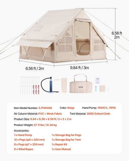 Aufblasbares Zelt für Camping 3-5 Personen Glampingzelt mit Pumpe Einfach aufzubauen