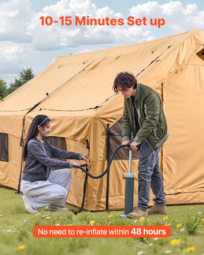 Inflatable Tents for Camping, 5-8 Person Easy Setup Blow up Tent with Hand Pump, Luxury Glamping Tent with 2 Skylights, Canopy, Stove Jack 2 Doors & Mesh Windows (Storage Bag Included)