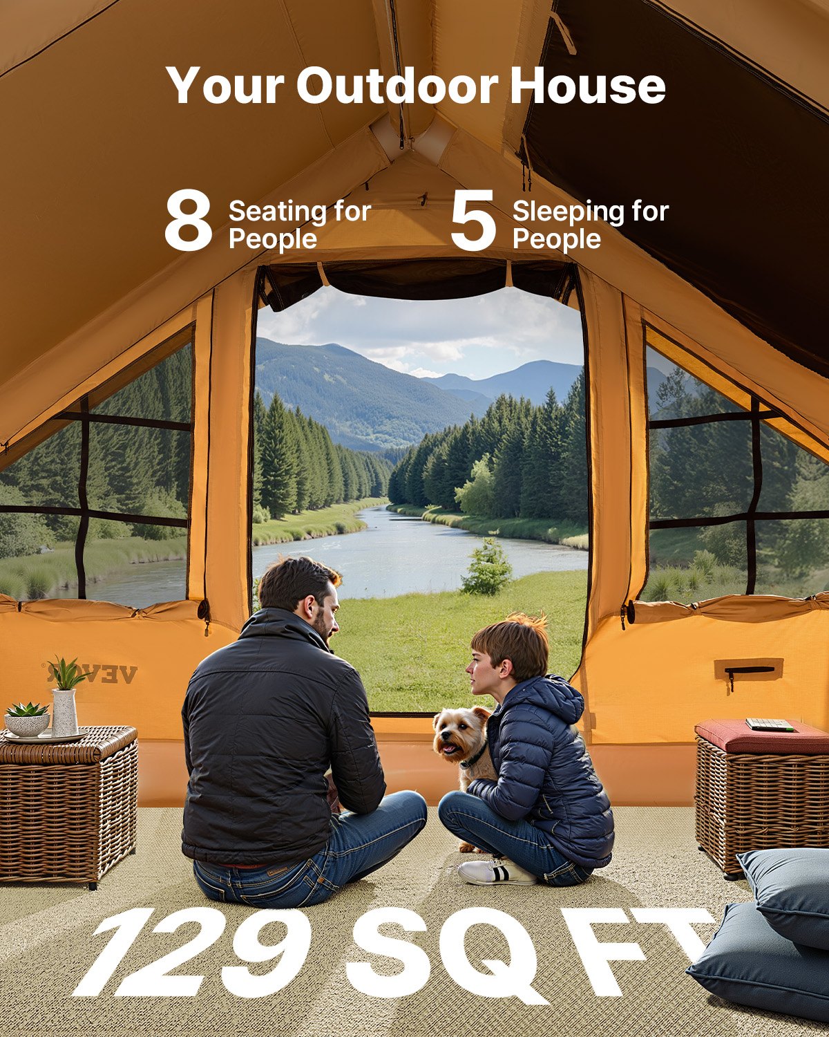 Inflatable Tents for Camping, 5-8 Person Easy Setup Blow up Tent with Hand Pump, Luxury Glamping Tent with 2 Skylights, Canopy, Stove Jack 2 Doors & Mesh Windows (Storage Bag Included)