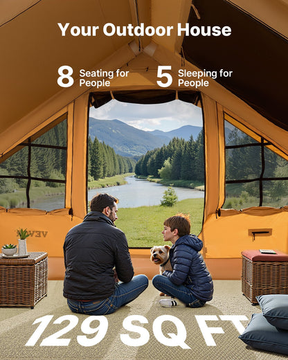 Inflatable Tents for Camping, 5-8 Person Easy Setup Blow up Tent with Hand Pump, Luxury Glamping Tent with 2 Skylights, Canopy, Stove Jack 2 Doors & Mesh Windows (Storage Bag Included)