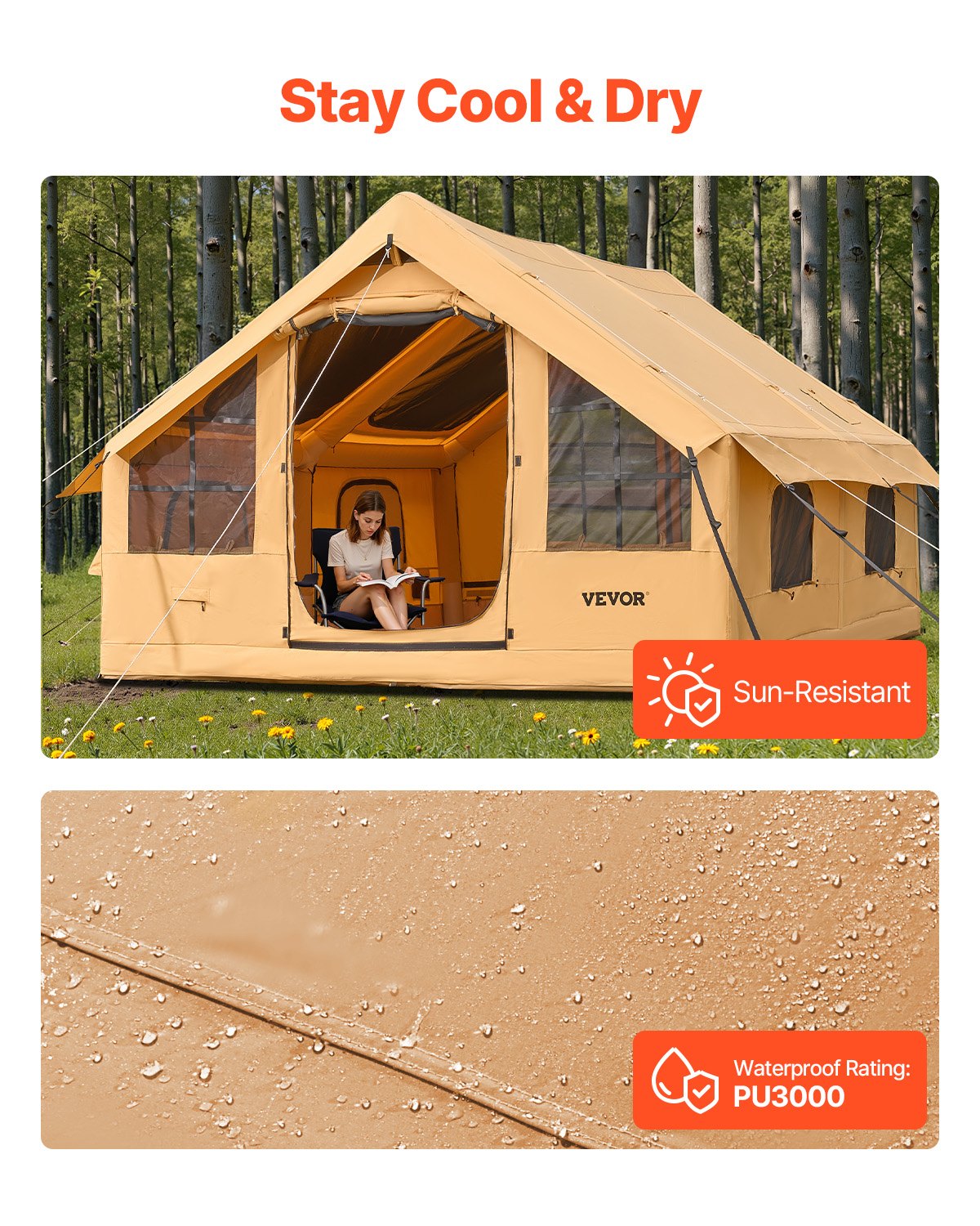 Inflatable Tents for Camping, 5-8 Person Easy Setup Blow up Tent with Hand Pump, Luxury Glamping Tent with 2 Skylights, Canopy, Stove Jack 2 Doors & Mesh Windows (Storage Bag Included)