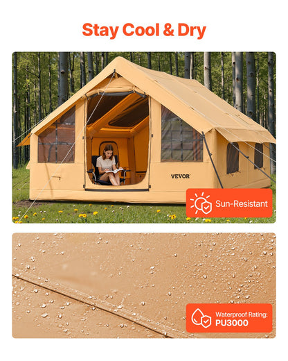 Inflatable Tents for Camping, 5-8 Person Easy Setup Blow up Tent with Hand Pump, Luxury Glamping Tent with 2 Skylights, Canopy, Stove Jack 2 Doors & Mesh Windows (Storage Bag Included)