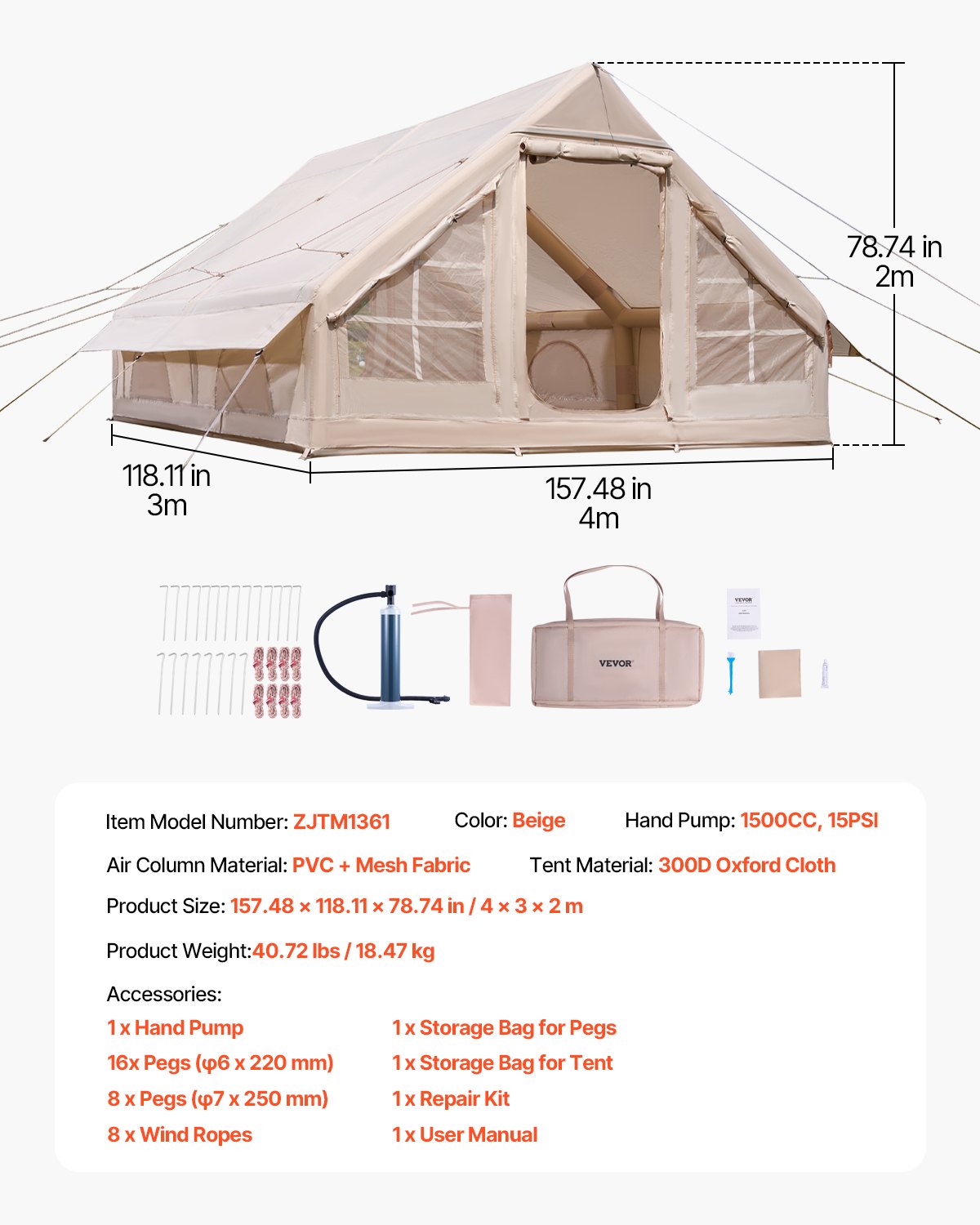 Aufblasbares Zelt für Camping 5-8 Personen Glampingzelt mit Pumpe Einfach aufzubauen