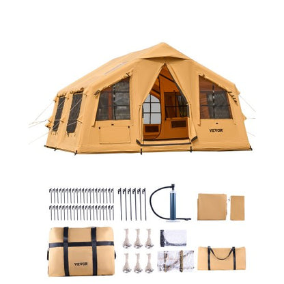 Inflatable Tents for Camping, 8-12 Person Easy Setup Blow up Tent with Hand Pump, 4 Season Luxury Glamping Tent with 2 Skylights, Canopy, Stove Jack, 2 Doors & Mesh Windows (Include Storage Bag)