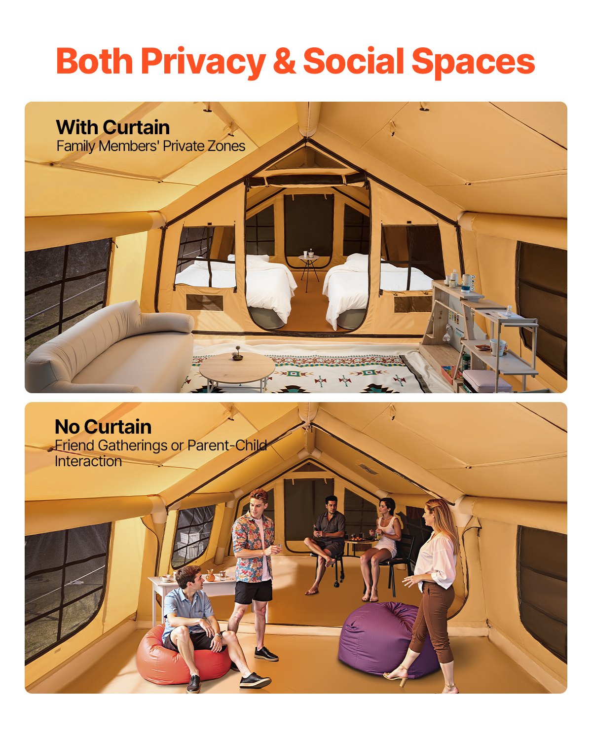 Inflatable Tents for Camping, 8-12 Person Easy Setup Blow up Tent with Hand Pump, 4 Season Luxury Glamping Tent with 2 Skylights, Canopy, Stove Jack, 2 Doors & Mesh Windows (Include Storage Bag)