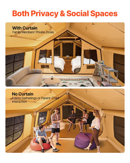 Inflatable Tents for Camping, 8-12 Person Easy Setup Blow up Tent with Hand Pump, 4 Season Luxury Glamping Tent with 2 Skylights, Canopy, Stove Jack, 2 Doors & Mesh Windows (Include Storage Bag)