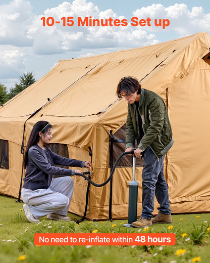 Inflatable Tents for Camping, 8-12 Person Easy Setup Blow up Tent with Hand Pump, 4 Season Luxury Glamping Tent with 2 Skylights, Canopy, Stove Jack, 2 Doors & Mesh Windows (Include Storage Bag)