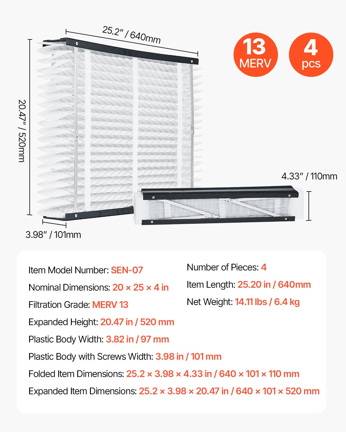 20 x 25 x 4 Furnace Filter, MERV 13 HVAC Ac Filters,12-Month Electrostatic Pleated Air Conditioner Filters, 4-Pack (Actual Size: 20.47 x 25.20 x 3.98 Inch) for Capturing Dust, Smog, Pet Dander