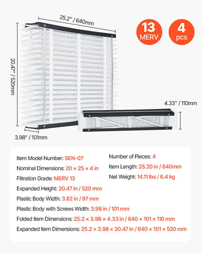 20 x 25 x 4 Furnace Filter, MERV 13 HVAC Ac Filters,12-Month Electrostatic Pleated Air Conditioner Filters, 4-Pack (Actual Size: 20.47 x 25.20 x 3.98 Inch) for Capturing Dust, Smog, Pet Dander