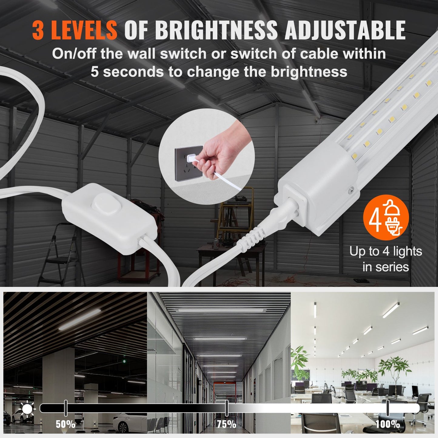 10 Pack LED Shop Light, 8 FT, 80W Linkable Shop Light Fixture, 10000 LM Ceiling Lights 59 in Power Cords with ON/OFF Switch 48 in Connector Cables, for Garage Warehouse Home Workkshop and Office