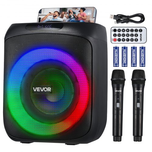 Karaoke Machine for Adults, 30W, 6.5-inch Portable Bluetooth Speaker with 2 Wireless Microphones, LED Light, TWS Function, Handle, Support Micro TF Card, USB, AUX, for Home Karaoke Party Singing