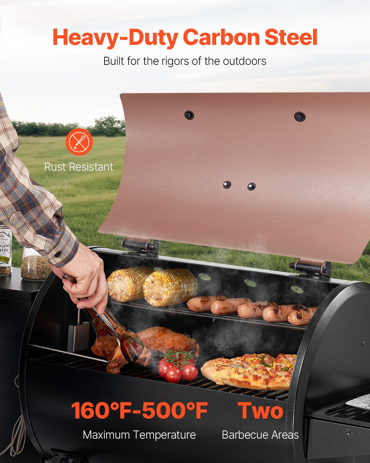 Wood Pellet Grill Smoker, 8 in 1 BBQ Grills for Outdoor Cooking, 456 Square Inches Cook Area Electric Grill and Smoker, with Digital Controller, Meat Probe, 500°F Max Temperature, Black