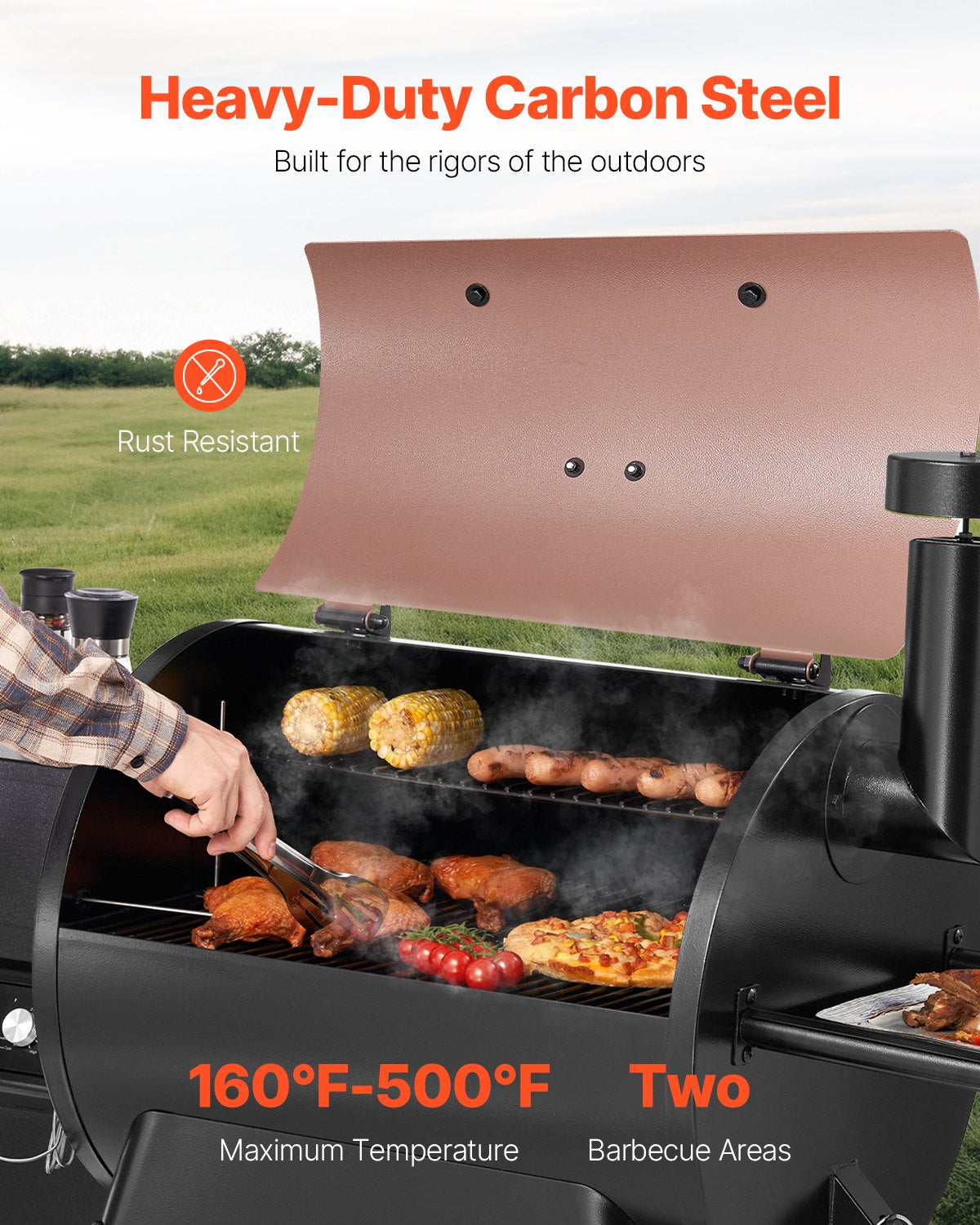 Wood Pellet Grill Smoker, 8 in 1 BBQ Grills for Outdoor Cooking, 575 Square Inches Cook Area Electric Grill and Smoker, with LCD Screen Controller, Meat Probe, 500°F Max Temperature, Black