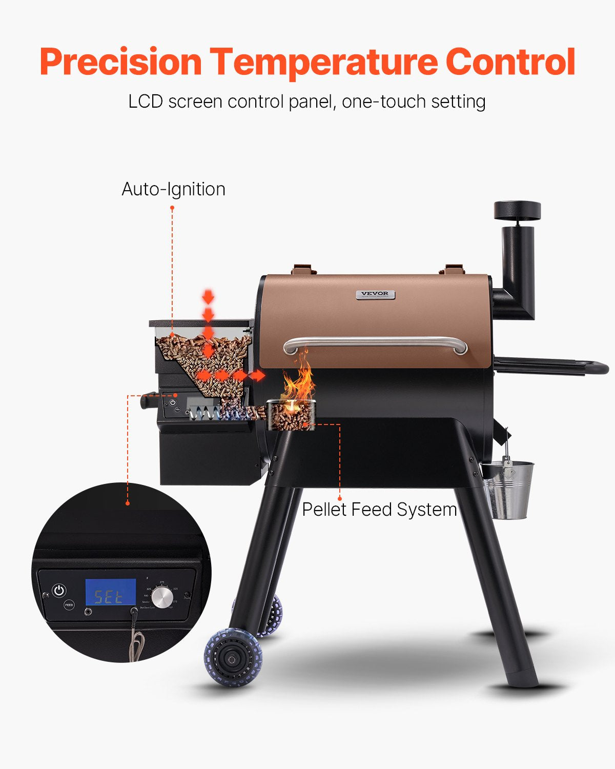 Wood Pellet Grill Smoker, 8 in 1 BBQ Grills for Outdoor Cooking, 575 Square Inches Cook Area Electric Grill and Smoker, with LCD Screen Controller, Meat Probe, 500°F Max Temperature, Black