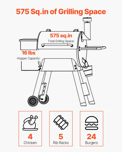 Wood Pellet Grill Smoker, 8 in 1 BBQ Grills for Outdoor Cooking, 575 Square Inches Cook Area Electric Grill and Smoker, with LCD Screen Controller, Meat Probe, 500°F Max Temperature, Black