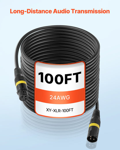 XLR Cable 100 ft, 2 Pack, Shielded Balanced DMX Male to Female Microphone Cables, Gold-Plated 3-Pin XLR Mic Speaker Cord Wires, for Stage Lighting, Microphones, Amplifier, Mixer, Speaker Systems