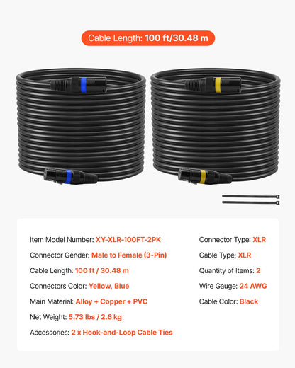XLR Cable 100 ft, 2 Pack, Shielded Balanced DMX Male to Female Microphone Cables, Gold-Plated 3-Pin XLR Mic Speaker Cord Wires, for Stage Lighting, Microphones, Amplifier, Mixer, Speaker Systems