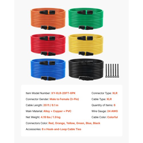 XLR-kabel 6,1 m, 6-pack, skärmade balanserade DMX-hane-till-hona-mikrofonkablar, guldpläterade 3-poliga XLR-mikrofonhögtalarkablar, för scenbelysning, mikrofoner, förstärkare, mixer, högtalarsystem |  EU