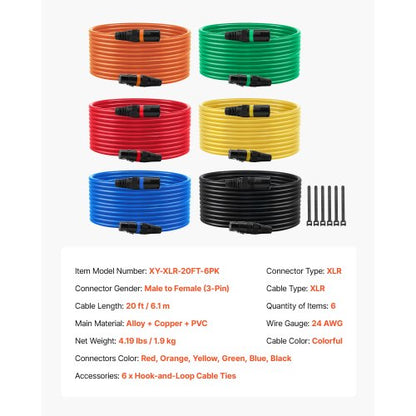 XLR-kabel 6,1 m, 6-pack, skärmade balanserade DMX-hane-till-hona-mikrofonkablar, guldpläterade 3-poliga XLR-mikrofonhögtalarkablar, för scenbelysning, mikrofoner, förstärkare, mixer, högtalarsystem |  EU