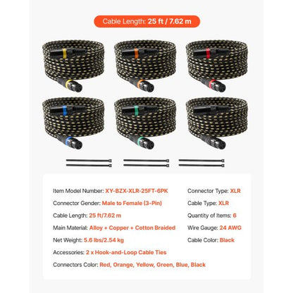 XLR-kabel 7,62 m, 6-pack, skärmade balanserade DMX-hane till hona-mikrofonkablar, guldpläterade 3-poliga XLR-mikrofonhögtalarkablar, för scenbelysning, mikrofoner, förstärkare, mixer, högtalarsystem |  EU