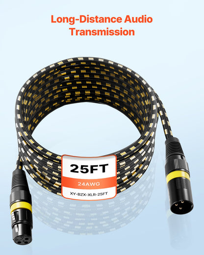 XLR Cable 25 ft, 6 Pack, Shielded Balanced DMX Male to Female Microphone Cables, Gold-Plated 3-Pin XLR Mic Speaker Cord Wires, for Stage Lighting, Microphones, Amplifier, Mixer, Speaker Systems